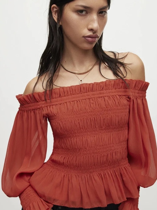 All Saints Tops - AllSaints Lara Off-The-Shoulder Top in Orange - 10